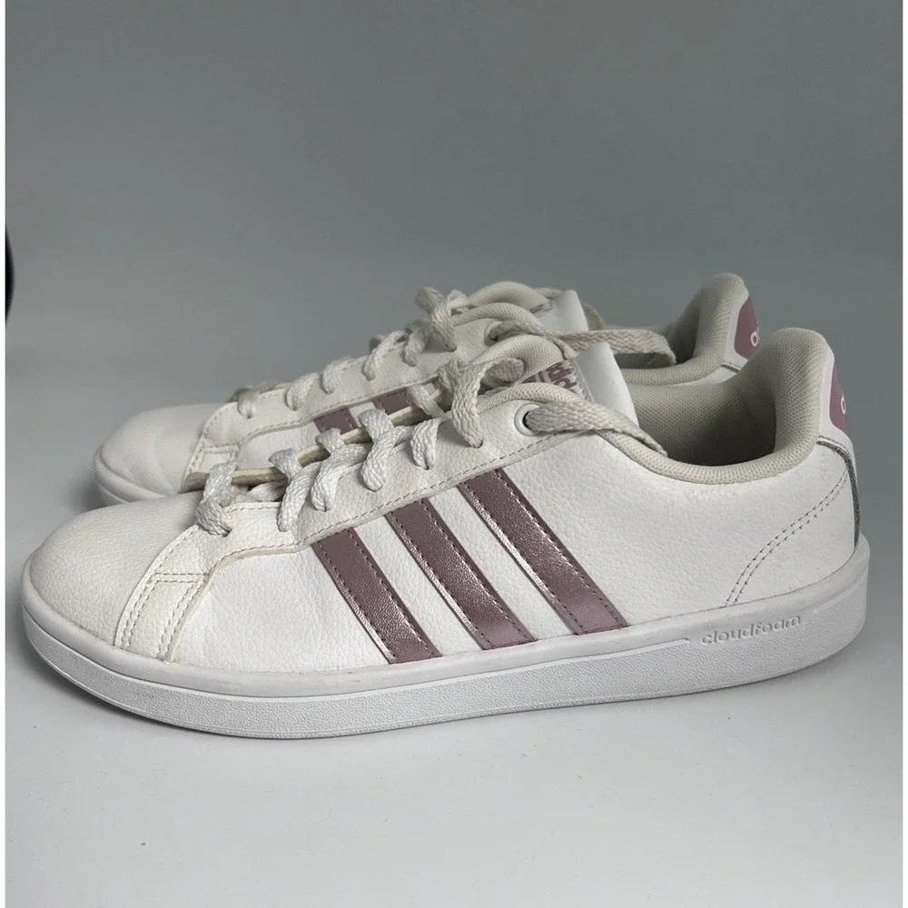 ADIDAS Cloudfoam Advantage Women White Pink 3 Stripe Shoe Sneakers 8M Comfy